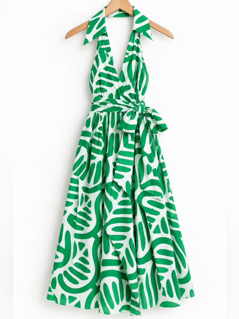 NWT Diane von Furstenberg DVF Nova Palm Print Halter Wrap Midi Dress Green L